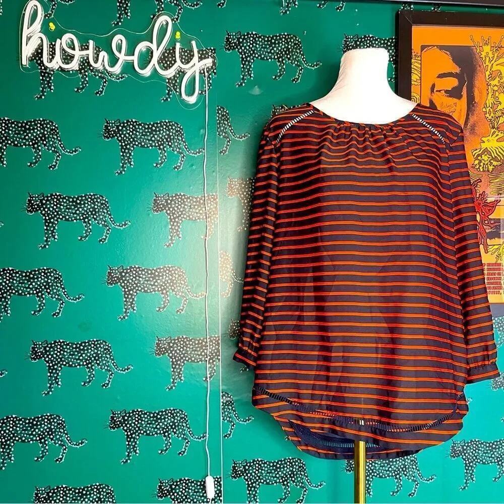 J Crew Red and Navy Blue Striped 3/4 Sleeve Crew Neck Blouse Size S